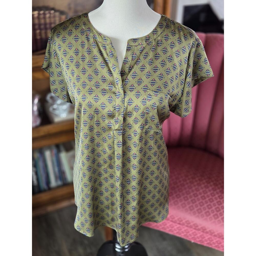 Liz Claiborne Blouse Women XL Green Geometric Print Short Sleeve fall workshirt